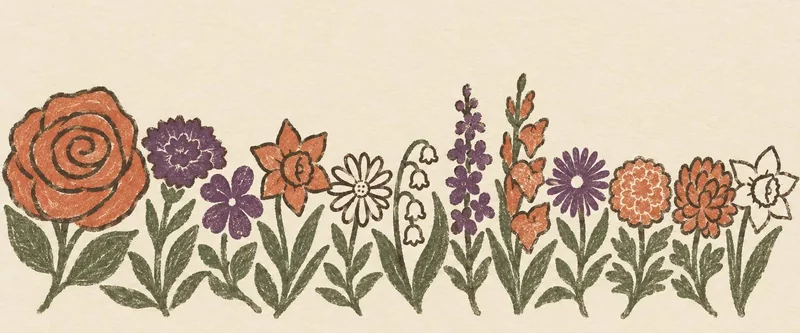 A frieze of twelve birth-month flowers drawn in crayon, an oversized rose anchoring the left with carnation, violet, daffodil, daisy, lily of the valley, larkspur, gladiolus, aster, marigold, chrysanthemum and narcissus marching to the right