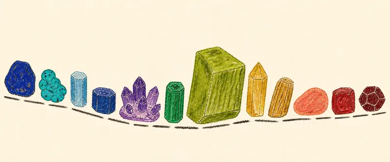 Birthstones by month: twelve stones drawn as one long wave, their colour turning from cool blue to warm red across the year