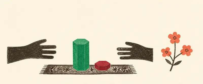 Crystals for love: a green emerald and a red ruby set between two open hands that do not quite meet, a flowering sprig laid to one side