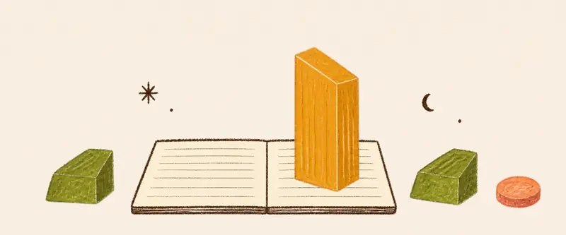 Crystals for money: a golden topaz standing on the blank page of an open ledger, two olive-green peridot crystals beside it