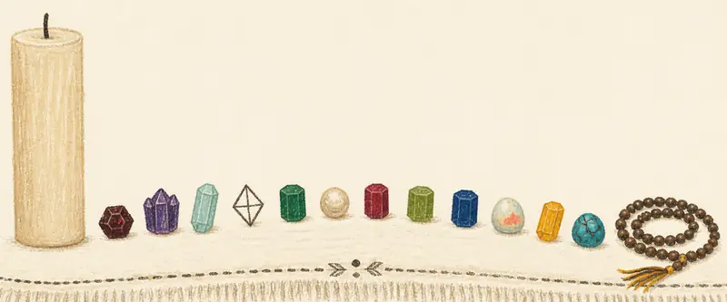 The spiritual meaning of birthstones: twelve stones laid in a wide arc on cloth, with an unlit candle and a coil of mala beads