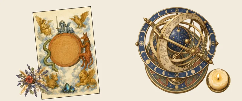 The Wheel of Fortune tarot card beside a brass armillary sphere, dried flowers and a lit candle on parchment, illustrating the birth-card calculator
