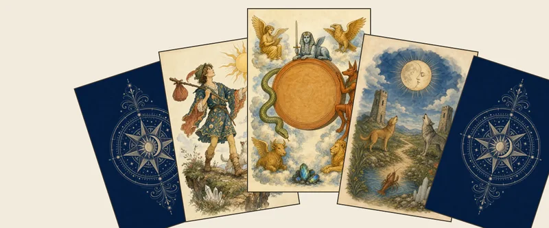 A fanned hand of hand-illustrated tarot cards, The Fool, the Wheel of Fortune, and The Moon face up between two card backs, on parchment