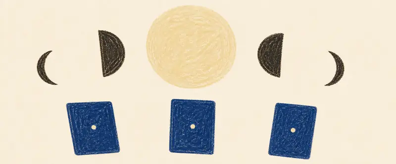 Three card tarot reading spread: three cards laid face down in a row beneath an arc of moon phases