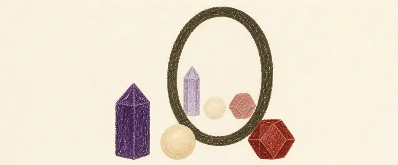 Which crystal are you: an amethyst point, a pearl and a garnet standing before an oval mirror, their reflections showing in the glass