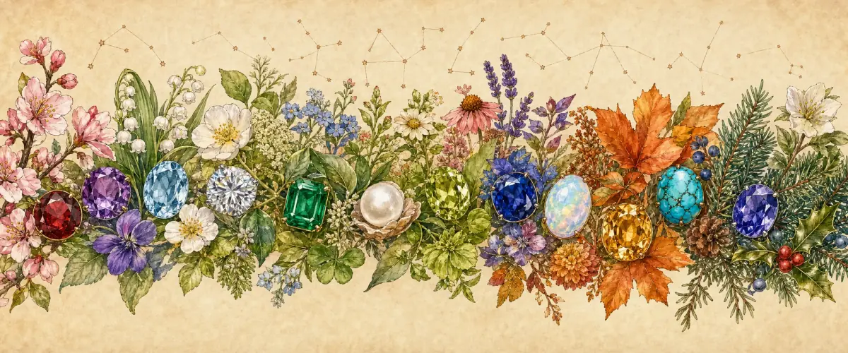 Watercolor birthstone chart with gemstones arranged by season