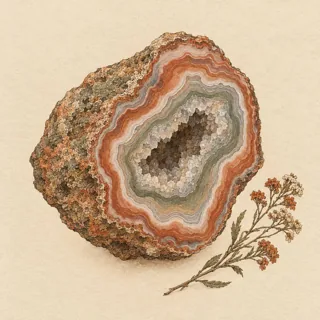 Hand-illustrated raw, unpolished Agate specimen with natural matrix and a small dried botanical sprig, on parchment