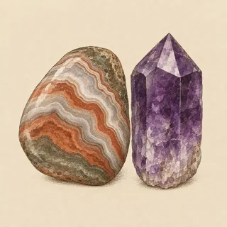 Hand-illustrated Agate paired with Amethyst, a common crystal combination