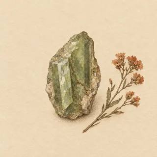 Hand-illustrated raw, unpolished Alexandrite specimen with natural matrix and a small dried botanical sprig, on parchment