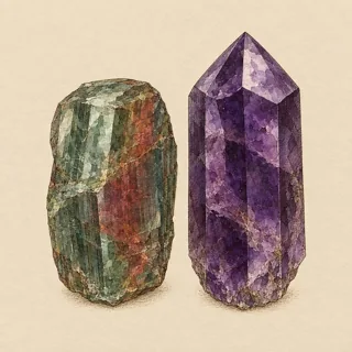 Hand-illustrated Alexandrite paired with Amethyst, a common crystal combination