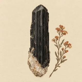 Hand-illustrated raw, unpolished Black Tourmaline specimen with natural matrix and a small dried botanical sprig, on parchment