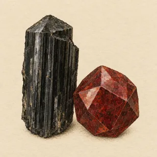 Hand-illustrated Black Tourmaline paired with Garnet, a common crystal combination