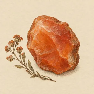 Hand-illustrated raw, unpolished Carnelian specimen with natural matrix and a small dried botanical sprig, on parchment