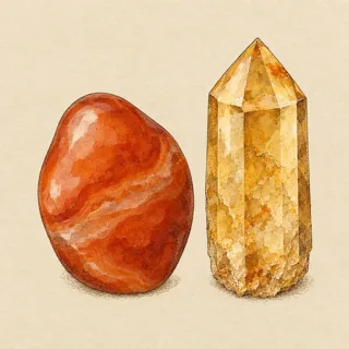 Hand-illustrated Carnelian paired with Citrine, a common crystal combination
