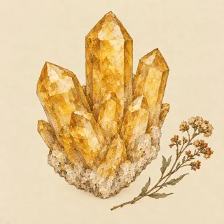 Hand-illustrated raw, unpolished Citrine specimen with natural matrix and a small dried botanical sprig, on parchment