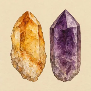 Hand-illustrated Citrine paired with Amethyst, a common crystal combination