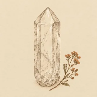 Hand-illustrated raw, unpolished Clear Quartz specimen with natural matrix and a small dried botanical sprig, on parchment