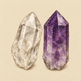 Hand-illustrated Clear Quartz paired with Amethyst, a common crystal combination