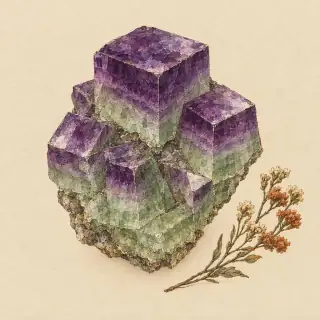 Hand-illustrated raw, unpolished Fluorite specimen with natural matrix and a small dried botanical sprig, on parchment