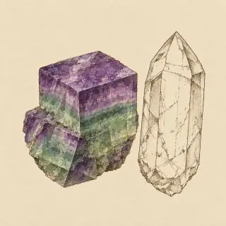 Hand-illustrated Fluorite paired with Clear Quartz, a common crystal combination