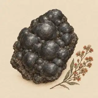 Hand-illustrated raw, unpolished Hematite specimen with natural matrix and a small dried botanical sprig, on parchment