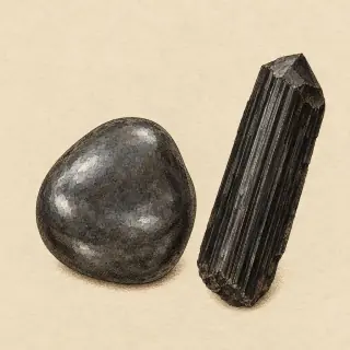 Hand-illustrated Hematite paired with Black Tourmaline, a common crystal combination