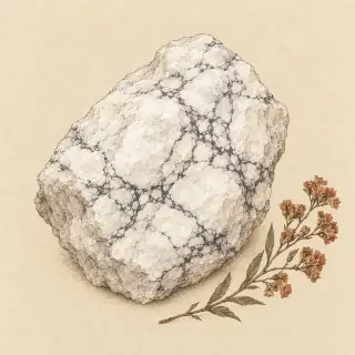 Hand-illustrated raw, unpolished Howlite specimen with natural matrix and a small dried botanical sprig, on parchment