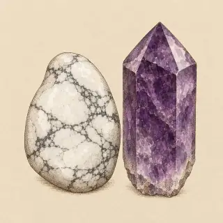 Hand-illustrated Howlite paired with Amethyst, a common crystal combination