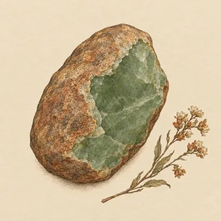 Hand-illustrated raw, unpolished Jade specimen with natural matrix and a small dried botanical sprig, on parchment
