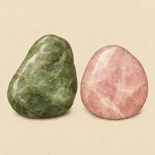Hand-illustrated Jade paired with Rose Quartz, a common crystal combination