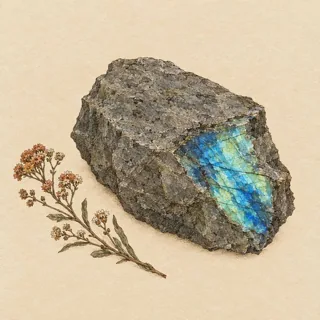 Hand-illustrated raw, unpolished Labradorite specimen with natural matrix and a small dried botanical sprig, on parchment