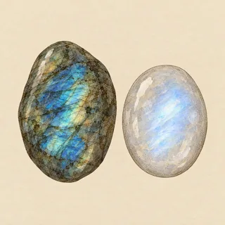 Hand-illustrated Labradorite paired with Moonstone, a common crystal combination