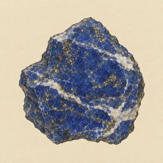 Hand-illustrated raw, unpolished Lapis Lazuli specimen with natural matrix and a small dried botanical sprig, on parchment