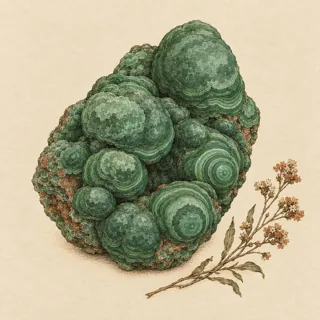 Hand-illustrated raw, unpolished Malachite specimen with natural matrix and a small dried botanical sprig, on parchment