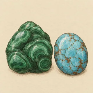 Hand-illustrated Malachite paired with Turquoise, a common crystal combination