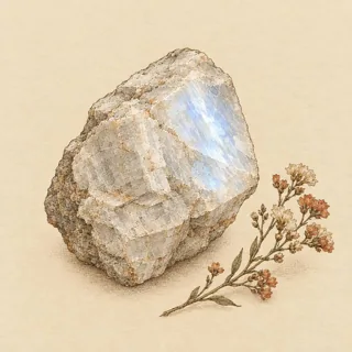 Hand-illustrated raw, unpolished Moonstone specimen with natural matrix and a small dried botanical sprig, on parchment
