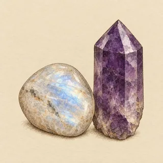 Hand-illustrated Moonstone paired with Amethyst, a common crystal combination