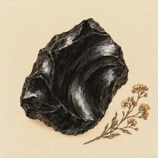 Hand-illustrated raw, unpolished Obsidian specimen with natural matrix and a small dried botanical sprig, on parchment