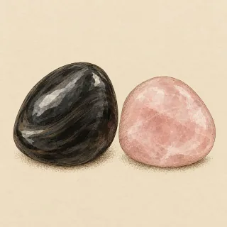 Hand-illustrated Obsidian paired with Rose Quartz, a common crystal combination