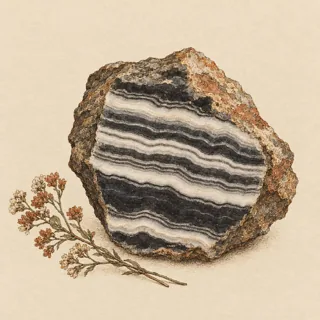 Hand-illustrated raw, unpolished Onyx specimen with natural matrix and a small dried botanical sprig, on parchment
