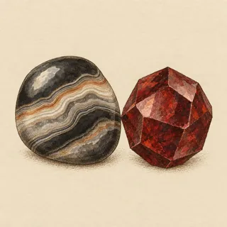 Hand-illustrated Onyx paired with Garnet, a common crystal combination