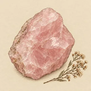 Hand-illustrated raw, unpolished Rose Quartz specimen with natural matrix and a small dried botanical sprig, on parchment