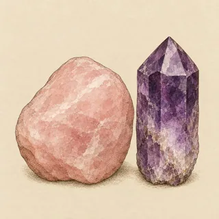 Hand-illustrated Rose Quartz paired with Amethyst, a common crystal combination