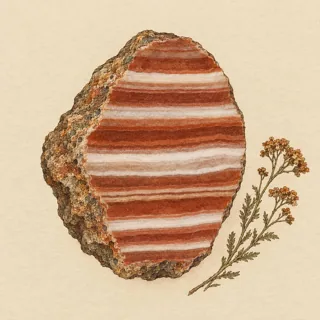 Hand-illustrated raw, unpolished Sardonyx specimen with natural matrix and a small dried botanical sprig, on parchment