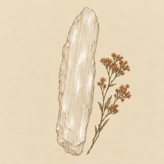 Hand-illustrated raw, unpolished Selenite specimen with natural matrix and a small dried botanical sprig, on parchment