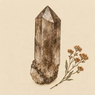 Hand-illustrated raw, unpolished Smoky Quartz specimen with natural matrix and a small dried botanical sprig, on parchment