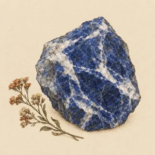 Hand-illustrated raw, unpolished Sodalite specimen with natural matrix and a small dried botanical sprig, on parchment
