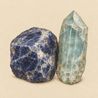 Hand-illustrated Sodalite paired with Aquamarine, a common crystal combination