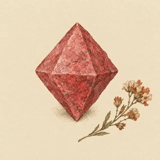Hand-illustrated raw, unpolished Spinel specimen with natural matrix and a small dried botanical sprig, on parchment