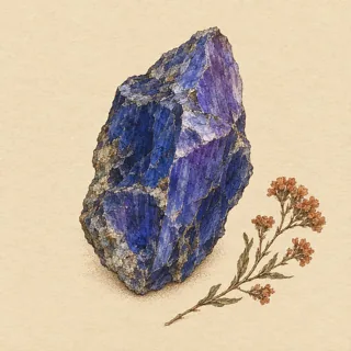 Hand-illustrated raw, unpolished Tanzanite specimen with natural matrix and a small dried botanical sprig, on parchment